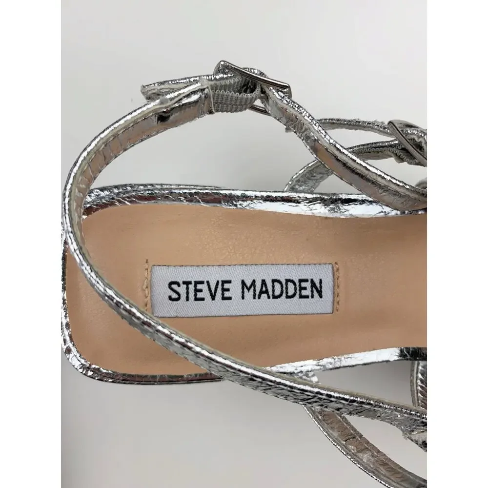 Steve Madden Emjay Block Heel Shoes Silver Slingback Pumps Women's 10 90s Y2K